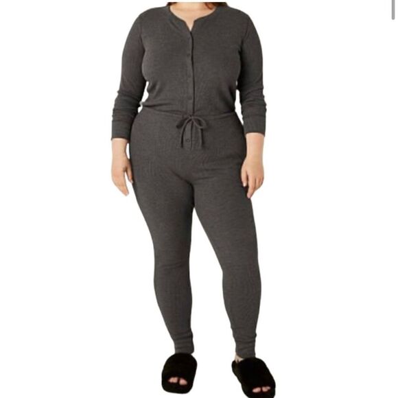 VS PINK Grey Thermal Holiday Merry Happy Drawstring Pajama Onesie w/ Pockets - Picture 3 of 5